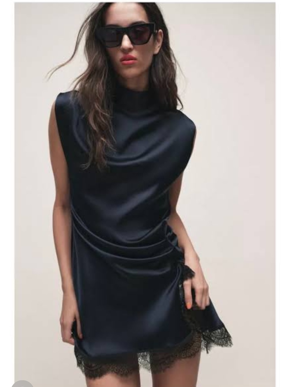 Zara Navy Satin Lace-Trim Mini Dress
